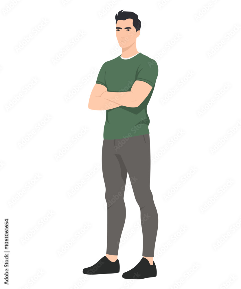 Vector illustration. A man in a light green T-shirt and dark trousers. The pose is confident, his arms are crossed. Vector illustration. A man in a light green T-shirt and dark trousers. The pose is confident, his arms are crossed.