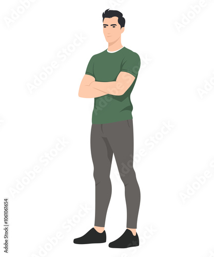 Vector illustration. A man in a light green T-shirt and dark trousers. The pose is confident, his arms are crossed.