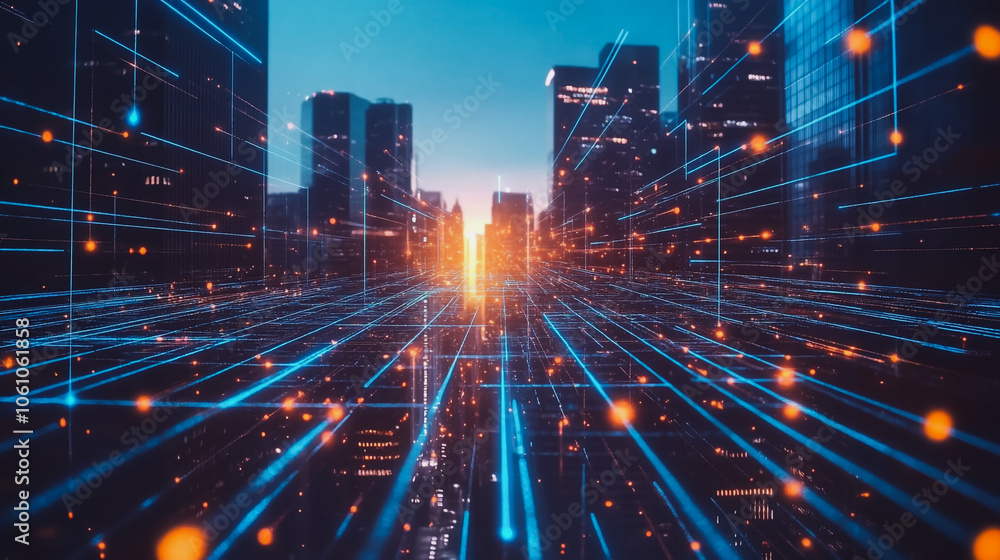 Fototapeta premium Smart digital city with connection cyber security network reciprocity over the cityscape . future smart wireless digital city and social media networking systems that connects people within the city