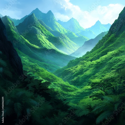 Lush green valley with misty mountains in the background.