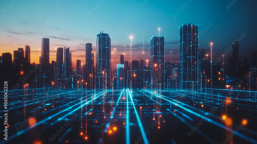 Smart digital city with connection cyber security network reciprocity over the cityscape . future smart wireless digital city and social media networking systems that connects people within the city Smart digital city with connection cyber security network reciprocity over the cityscape . future smart wireless digital city and social media networking systems that connects people within the city