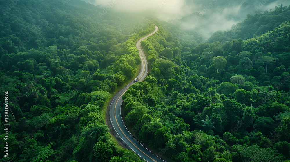 Winding forest road in green forest in fog. Early morning, drone photo Winding forest road in green forest in fog. Early morning, drone photo