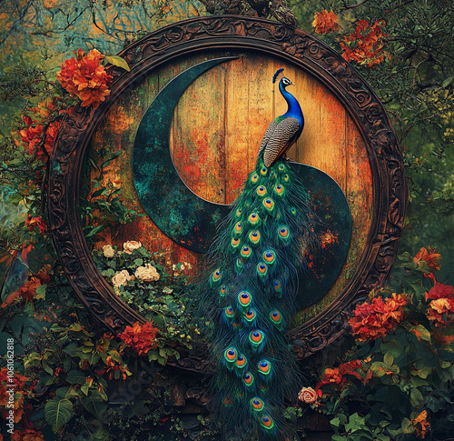 A peacock stands proudly in front of a circular frame with a crescent moon design, surrounded by lush greenery and vibrant flowers photo