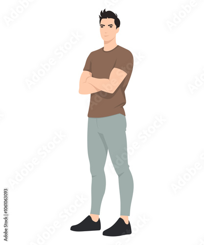 Vector illustration. A man in a brown T-shirt and light trousers stands confidently, arms crossed on his chest.