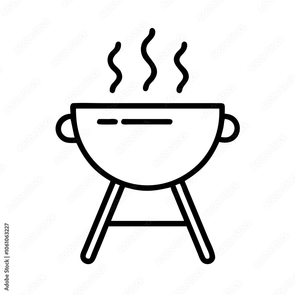 Simple line art icon of a barbecue grill with steam Simple line art icon of a barbecue grill with steam