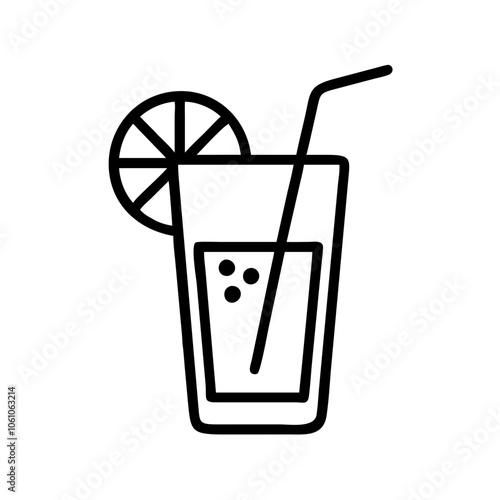 Line art icon of a juice glass with lemon slice and straw