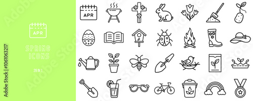 April-themed spring icons in black outline on green background