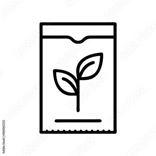 Line art icon of seed packet with sprouting plant symbol