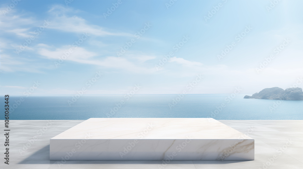 Minimalist White Marble Platform with Ocean View – Scenic Coastal Background for Product Display Minimalist White Marble Platform with Ocean View – Scenic Coastal Background for Product Display