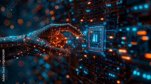 robot's hand touches the touchscreen with the 