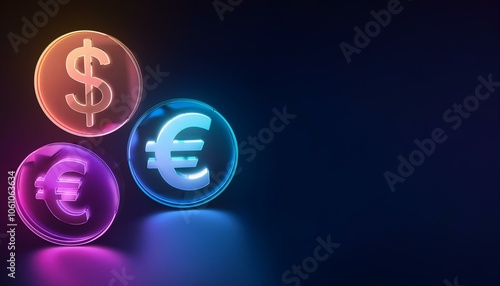 Neon glowing currency symbols, dollar and euro, against a dark background.