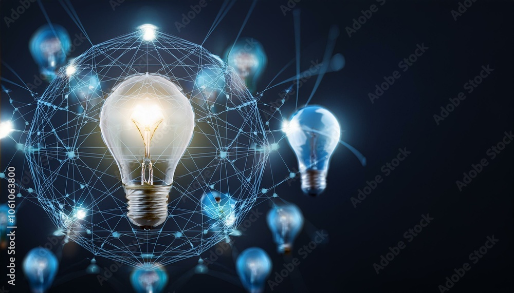 A bright light bulb glows in the center of a network of connected ideas, representing innovation and collaboration. A bright light bulb glows in the center of a network of connected ideas, representing innovation and collaboration.