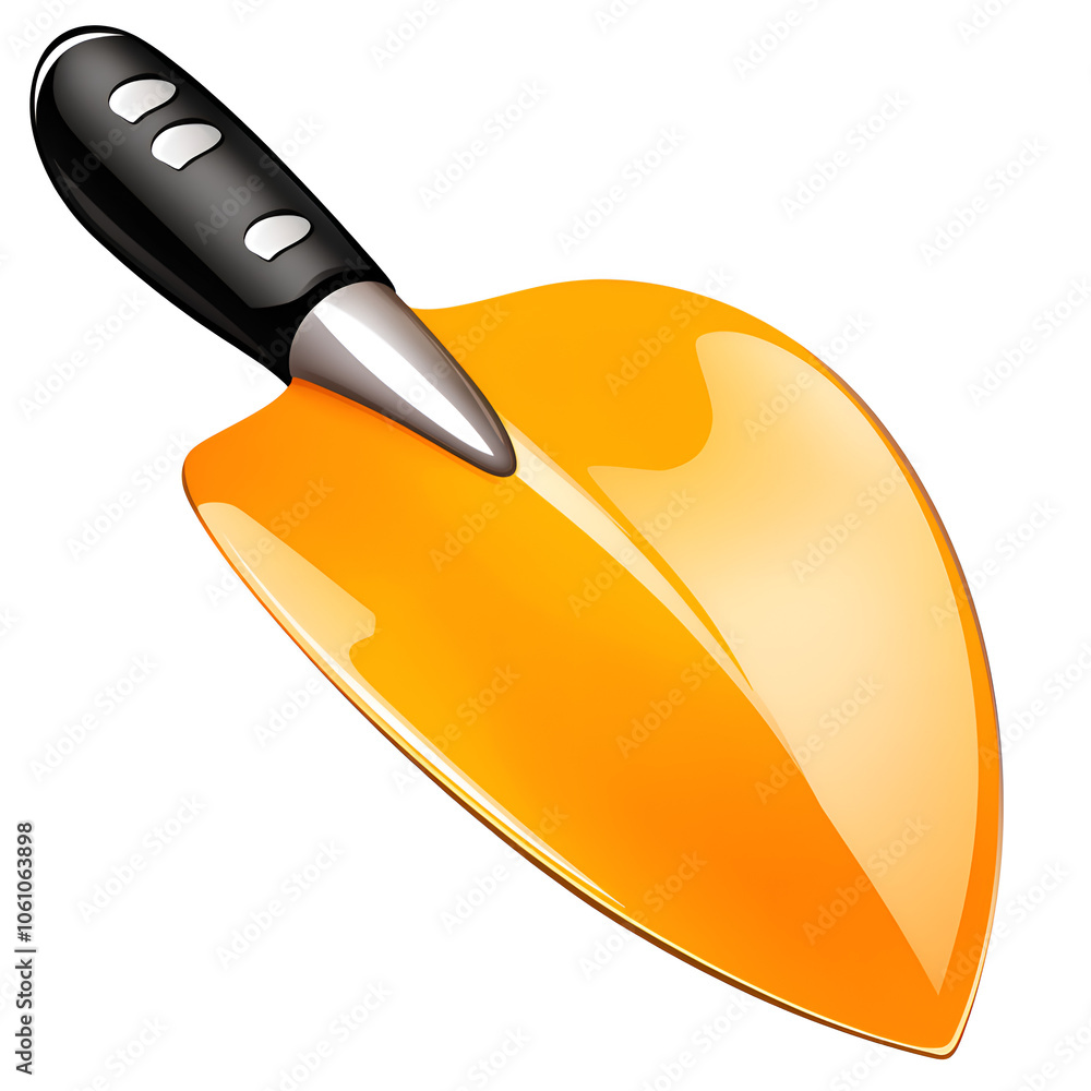 A bright orange trowel with a black handle resting on a white surface, ready for gardening or construction work A bright orange trowel with a black handle resting on a white surface, ready for gardening or construction work