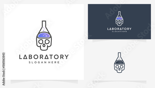 Combined vector of human skull bone with lab glass icons symbols. Abstract outline ideas science and forensic anthropology logo design graphic.
