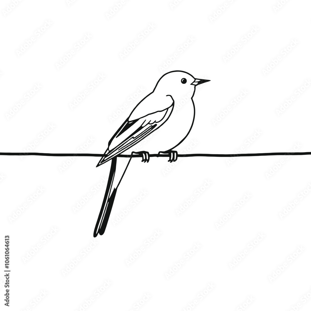 a black and white line drawing of a bird perched on a wire. a black and white line drawing of a bird perched on a wire.