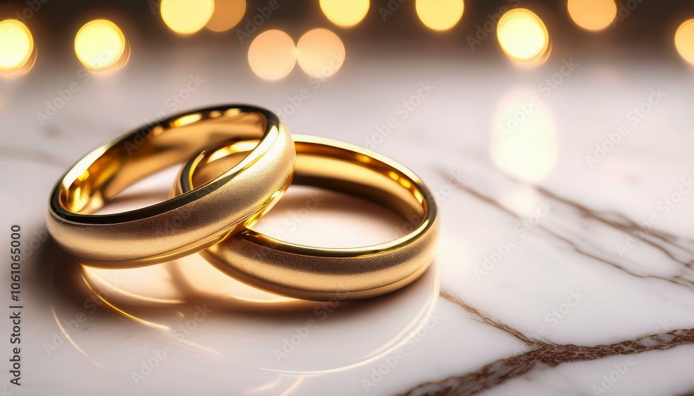 Two gold wedding bands on a white marble surface, with out-of-focus lights in the background. Two gold wedding bands on a white marble surface, with out-of-focus lights in the background.