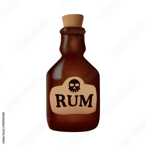 Vintage rum bottle realistic 3D vector. Alcohol, liquor drink bottle with label says rum. Piirate theme. Rum beverage illustration, piracy icon