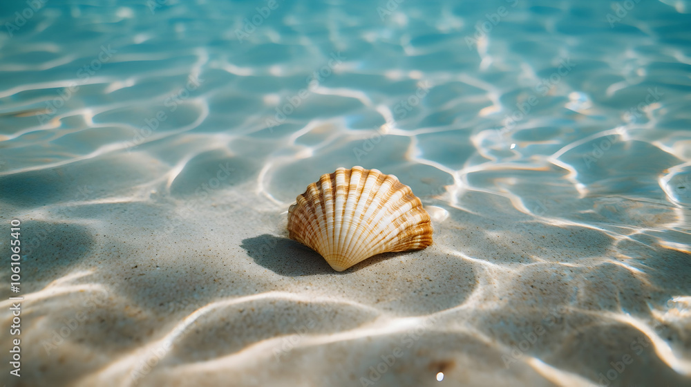 A seashell resting on a sandy ocean floor beneath clear water, illustrating tranquil marine life - A seashell resting on a sandy ocean floor beneath clear water, illustrating tranquil marine life -