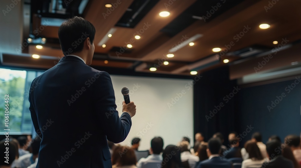A suited man is holding a microphone before a crowd A suited man is holding a microphone before a crowd