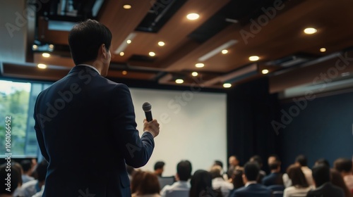 A suited man is holding a microphone before a crowd