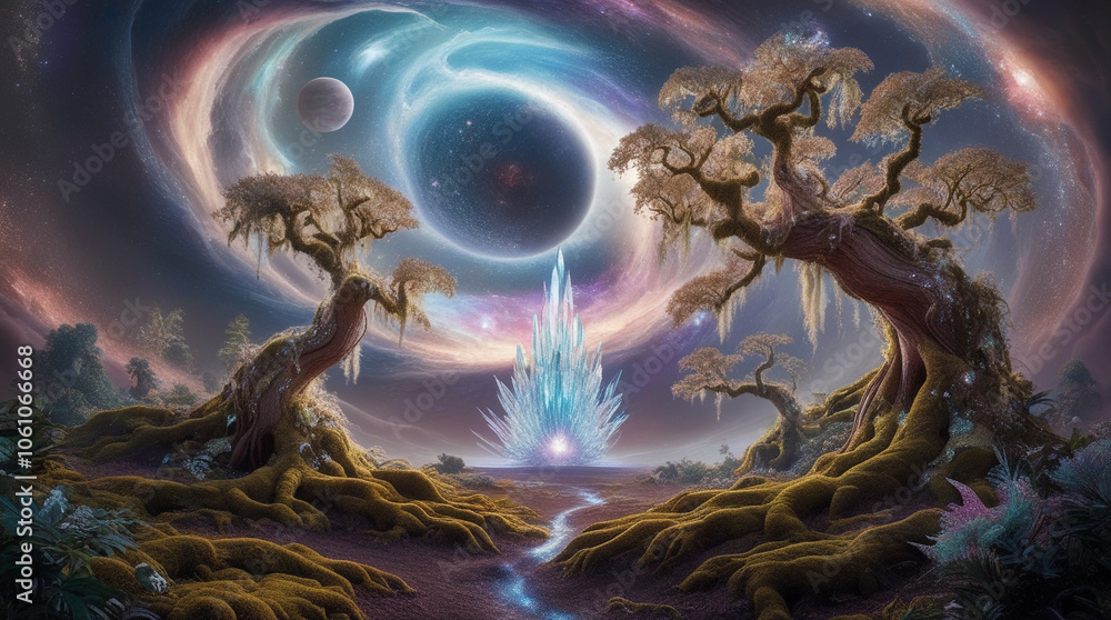 Naklejka premium Fantasy Adventure in Space with Nature