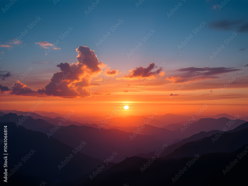 Golden sunset over mountains with orange clouds in the evening sky Golden sunset over mountains with orange clouds in the evening sky