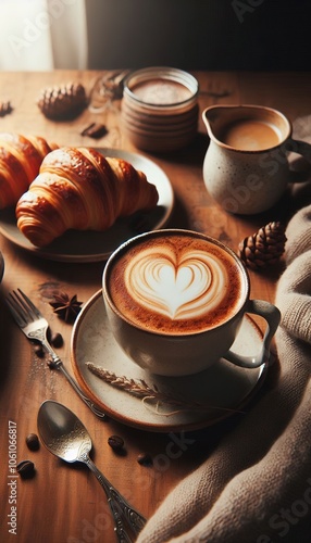 Cup of coffee and croissant bread snack food breakast concept ingredients photo