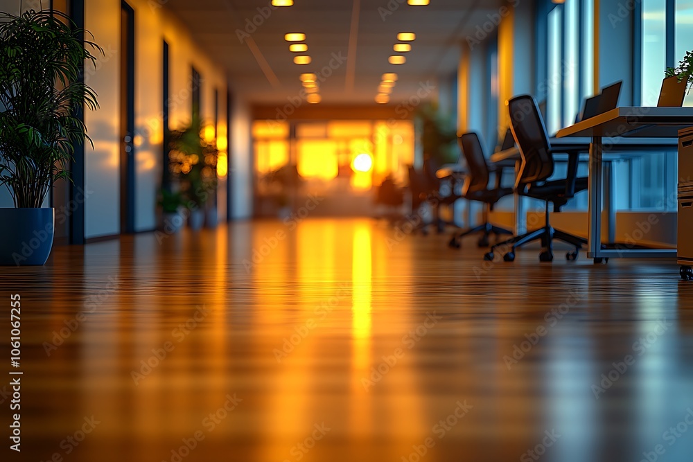 Empty office hallway bathed in the warm glow of sunset Empty office hallway bathed in the warm glow of sunset