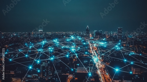 Smart digital city with connection cyber security network reciprocity over the cityscape . future smart wireless digital city and social media networking systems that connects people within the city