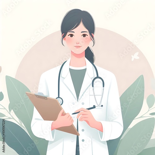 A female doctor is confidently holding a clipboard and a pen in her hand