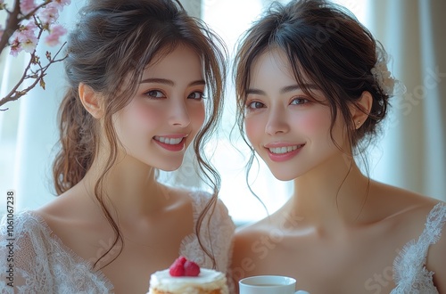 Photograph of Two Japanese Women Enjoying Afternoon Tea, One in a Wedding Dress and the Other in Casual Attire, in an Elegant Setting
