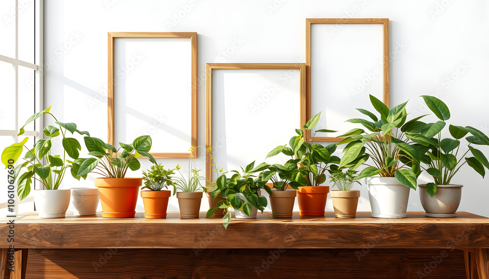Plants on table near frames isolated with white highlights, png Plants on table near frames isolated with white highlights, png
