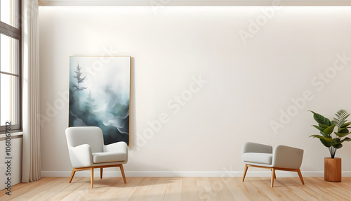 Standing canvas next to beige living room wall and single armchair isolated with white highlights, png