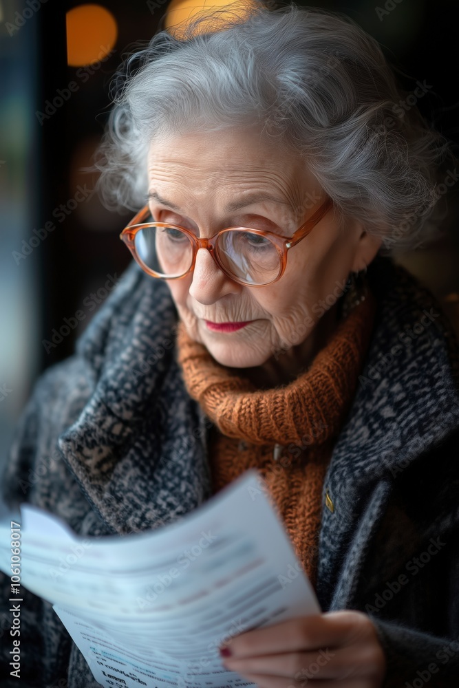 Portrait of a senior woman looking at a piece of paper Portrait of a senior woman looking at a piece of paper