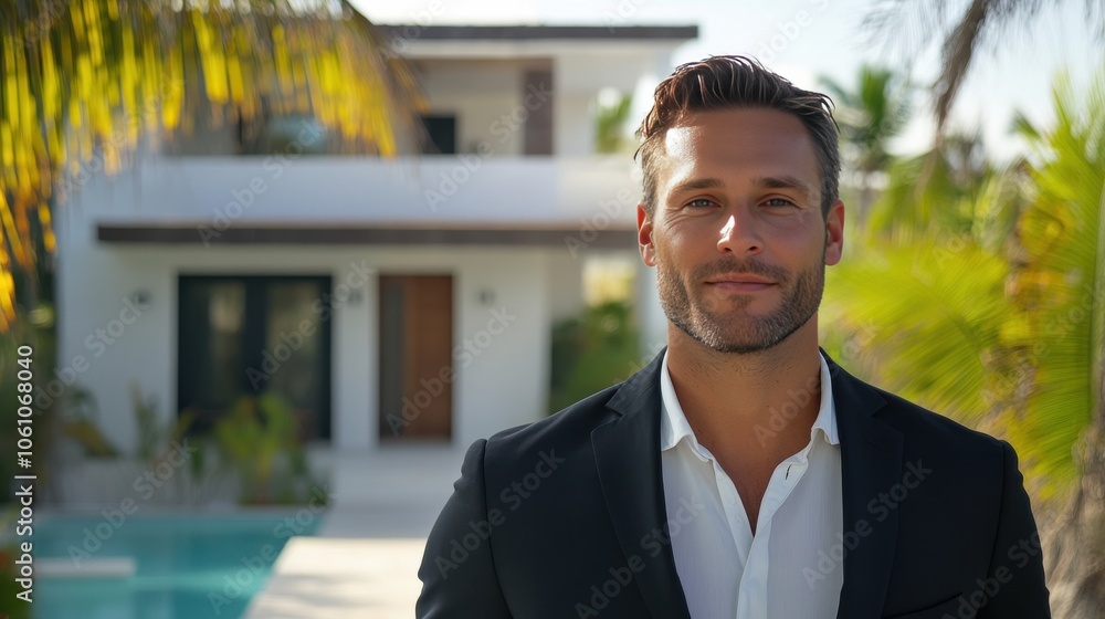 Confident Man in a Suit Posing by a Modern Luxury Home Confident Man in a Suit Posing by a Modern Luxury Home