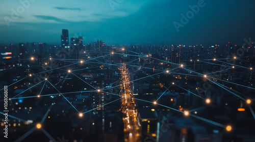 Smart digital city with connection cyber security network reciprocity over the cityscape . future smart wireless digital city and social media networking systems that connects people within the city