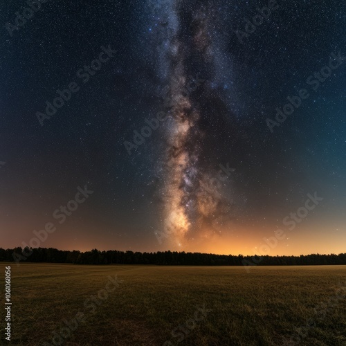 Milky Way galaxy shining brightly over a field at night.