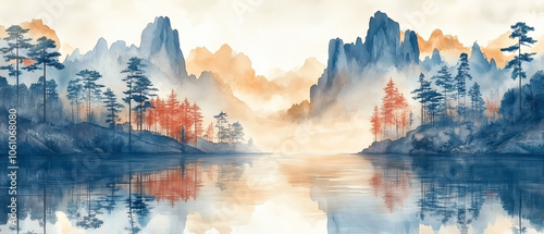 Illustration vectorielle en aquarelle du paysage de Tianzi Shan pour fond d'écran panoramique photo