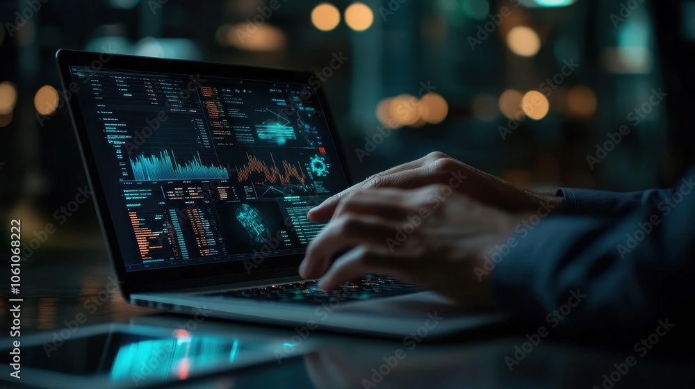 Analyzing Financial Data on a Laptop in a Dimly Lit Environment Analyzing Financial Data on a Laptop in a Dimly Lit Environment