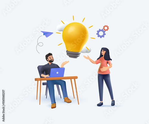 Vector illustration, online assistant at work, 3D style cartoon vector. Promotion in the network. Manager at remote work, searching for new ideas solutions, working together in the company, brainstorm
