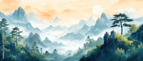 Illustration vectorielle en aquarelle du paysage de Tianzi Shan pour fond d'écran panoramique photo