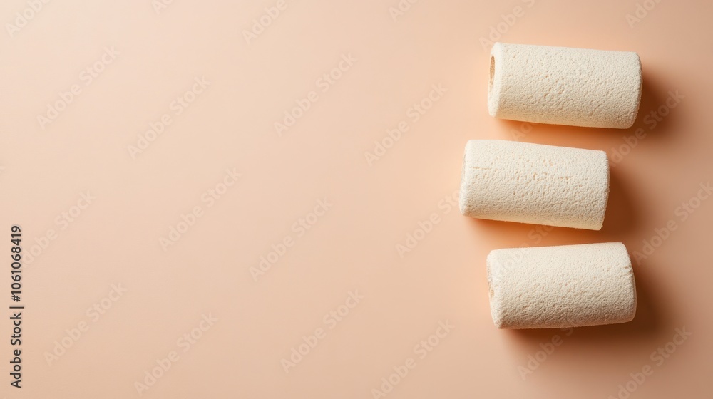 Three Rolled Sponge Cakes on a Peach-Colored Background Three Rolled Sponge Cakes on a Peach-Colored Background