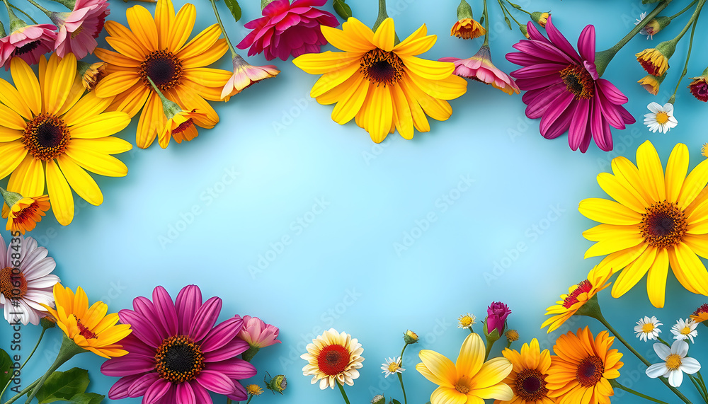 Frame made of colorful flowers on a blue background isolated with white highlights, png Frame made of colorful flowers on a blue background isolated with white highlights, png
