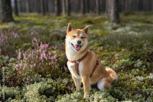 Shiba inu dog portrait in the forest on sunny day photo