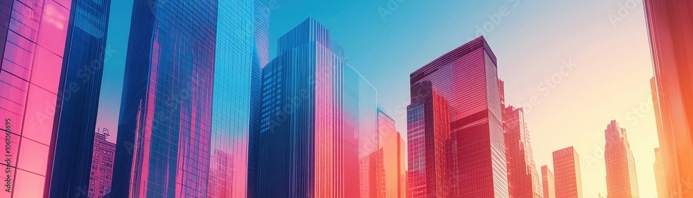 Vibrant Cityscape at Twilight: Towering Skyscrapers in Neon Hues Vibrant Cityscape at Twilight: Towering Skyscrapers in Neon Hues
