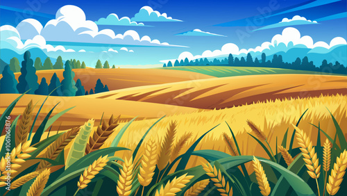 Vibrant wheat fields under a clear blue sky with rolling hills and fluffy clouds in the distance during a sunny day