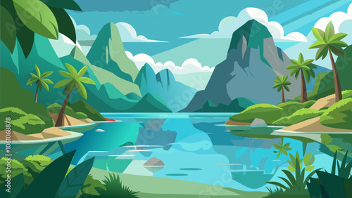 Vibrant tropical landscape featuring mountains, a shimmering lake, and lush palm trees under a bright sky in a serene natural setting