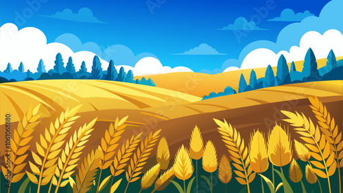 Golden wheat fields under a blue sky with fluffy clouds in a tranquil rural landscape during the daytime in early summer