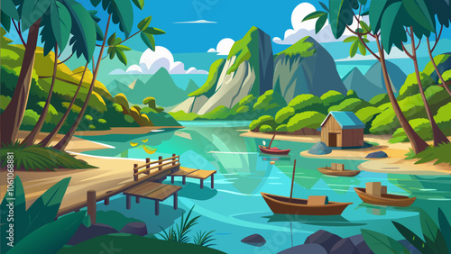 A serene tropical landscape featuring a calm river, lush mountains, and boats near a quaint wooden cabin in bright daylight
