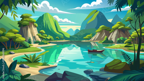 A serene lake surrounded by lush mountains and verdant trees reflects the vibrant sky under a bright sun